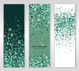 Happy Holidays green emerald banners set of three vertical sheets with sparkle confetti. Vector illustration. All isolated and layered