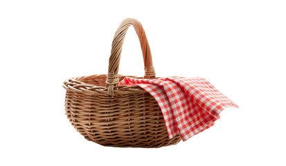 red napkin picnic basket isolated on white