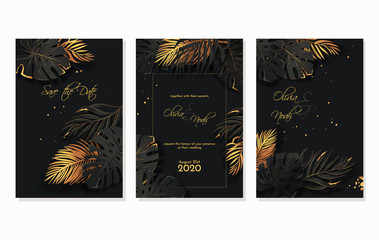 Vector wedding invitation in luxury gold and black style with tropical leaves. Wedding invitation template with luxury exotic palm leaves. 