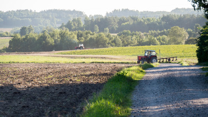 Rural landscape. Agricultural work, plowing, Poland.