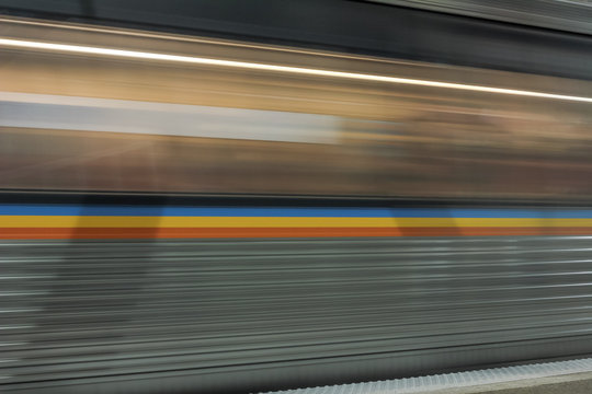 Moving Subway Train Passing Quickly In Underground Station In Downtown Atlanta