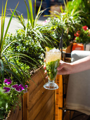 Cold Mojito lemonade. The cocktail is alcoholic. Drink with ice. Against a background of flowers and greenery. The girl is holding a cocktail in her hand. Menu for bars, cafes. Vegetarian.