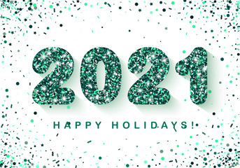 2021 Festive Banner with sparkling Emerald  Numbers on white Background with scattered geometric Confetti. Vector illustration. All isolated and layered