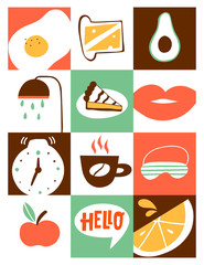 Vector template for poster and cards. Morning icon set. Hand-drawn cartoon illustration.