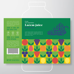 Fruit and Vegetables Pattern Juice Label Template. Abstract Vector Packaging Design Layout. Modern Typography Banner with Hand Drawn Grapes Silhouette Background.