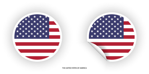 USA circle flag with shadow on white background. The United States of America sticker flag in circle form and circle peeled with white border.