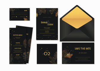 Vector wedding stationery in luxury gold and black style with tropical leaves. Wedding invitation template with luxury exotic leaves. - 350558529