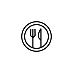 Knife and fork vector icon in linear, outline icon isolated on white background