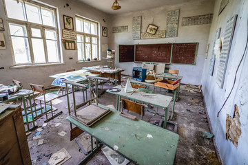 Classroom in abandoned school in Mashevo vilage located in Chernobyl exclusion area, Ukraine