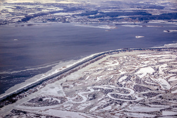 Aerial view from passenger plane near Boryspil airport in Ukraine