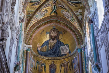 Poster Mosaic with Christ Pantocrator in cathedral located on the Old Town of Cefalu city on Sicily Island in Italy © Fotokon