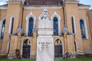 Bust of Dr Ioan Mihaly de Apsa next to Reformed Church in Sighetu Marmatiei town, Romania