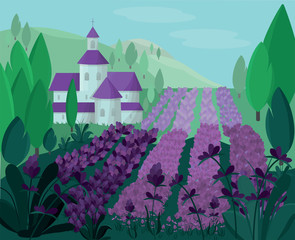 Lavender field Provence style with monastery, church, abbeys illustration. Vector stock illustration for label, logotype cosmetic product, print industry. EPS10
