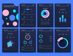 Modern infographic vector elements for business brochures. Use in website, corporate brochure, advertising and marketing. Pie charts, line graphs, bar graphs and timelines.