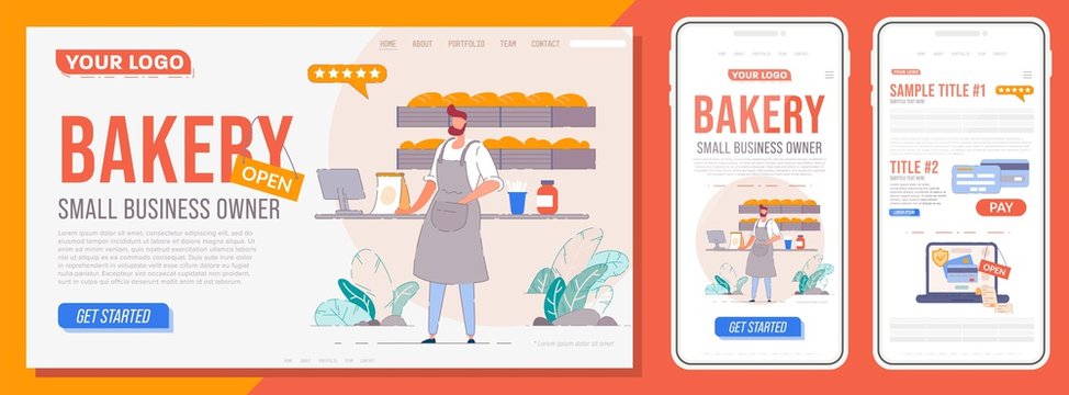Bakery landing page. Homepage of internet website template for bakery owner. Mobile mockup site or app layout for local business owner