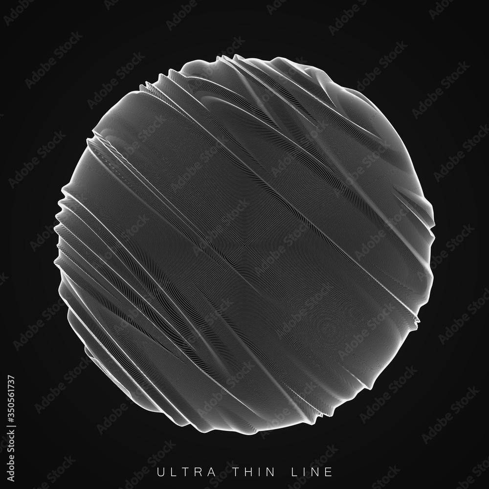 Poster vector abstract ultra thin line sphere. fluid dynamic distorted spheres. futuristic fractal noise il