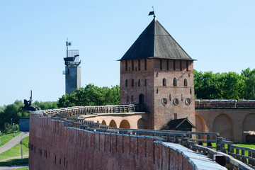 Wall, tower of Novgorod Kremlin and Victory monument. Novgorod (Novgorod the Great), Russia.