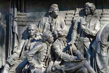 Millennium of Russia monument in Novgorod Kremlin. Mikhail Lomonosov, Denis Fonvizin, Alexander Kokorinov, Gavrila Derzhavin, Fyodor Volkov. Novgorod (Novgorod the Great), Russia.
