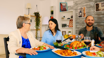 Zoom in shot of beautiful young woman talking with her mother in her sixties at family dinner.