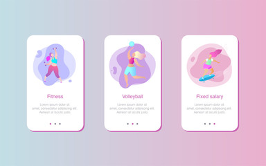 Mobile UX UI interface template, application interface framework. Stylized cartoon characters. The characters are engaged in fitness, sports, yoga, meditate. Healthy lifestyle and beauty.