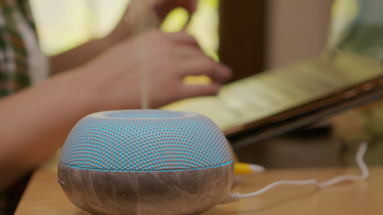 Fototapeta premium Close up shot of modern esential oils aromatherapy diffuser working in the kitchen while a woman works on the laptop in the background