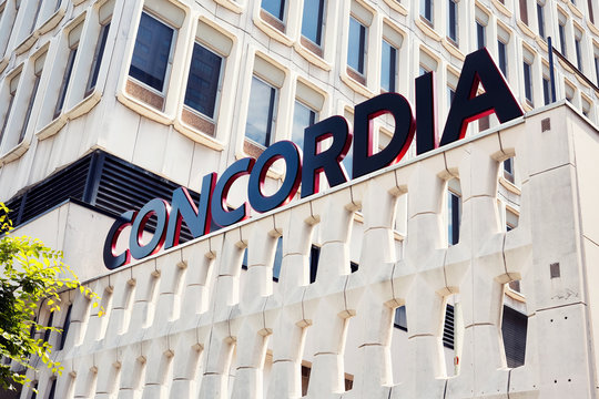 The text sign of Concordia University Henry F. Hall Building in Montreal, Quebec, Canada