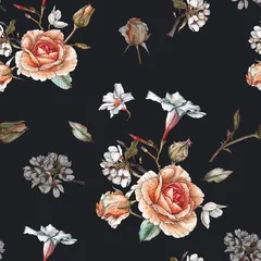 Gordijnen Floral seamless pattern with orange roses, apple blossom and white flowers © lesia_a