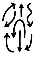 Set of hand drawn arrows with different shapes and forms and directions. Thick stroke, the increased thickness.
