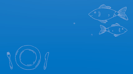 blackboard with fish, plate and utensils with copy space section