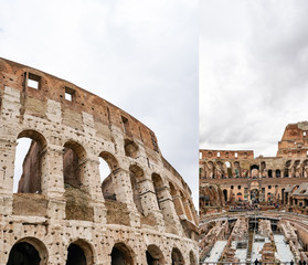 collage of of historical walls of colosseum against cloudy sky