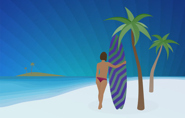 Obraz na płótnie Canvas Surfing sport vector concept illustration. Young sexy topless sporty surf girl hugs a surfboard while standing on the white sand with palm trees and looking through the ocean against a dark blue sky