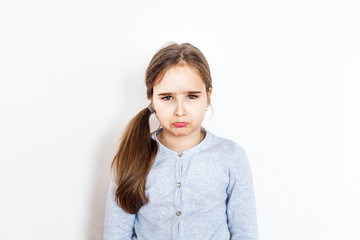 Child, girl, different emotions, white background, isolate, portrait, laughter, fright, joy, language, hands, joy