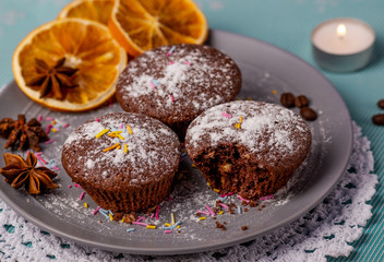 Chocolate cupcakes with orange peel