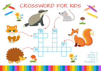 Mini-game: crossword for children. Learning English words. Set of funny characters:hedgehog, cat, badger, mouse, fox. Vector illustration for kids.