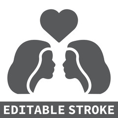 Lesbian couple glyph icon, lgbt and heart, female couple sign vector graphics, editable stroke solid icon, eps 10.