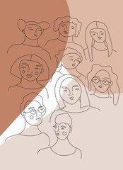 Vector illustration in spot and line style. Silhouettes. Men and women, people, gender neutrality. Portraits, a group of people