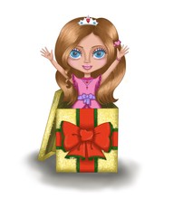 Cute girl character with gift box.For prints,posters,postcards and etc.