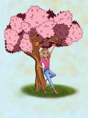 Пirl stands under a pink tree with squirrel and birds.