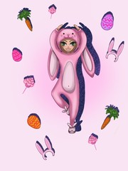 Cute female character in pink bunny costume.For prints,postcards,posters and etc.

