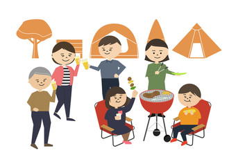 三世代家族　バーベキュー　イラスト