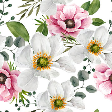 pattern of delicate pink and white watercolor flowers. bouquets of flowers on a white background close-up
