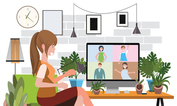 Flat style vector illustration of cartoon character working from home. Concept of people working online, meeting conference at home. Social-distance during corona virus quarantine