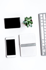Workspace with wallet and notebook office desk white background top view mock up
