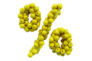 Percent symbol from yellow apples, 3D rendering
