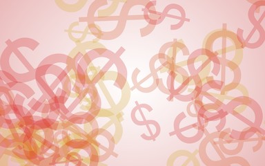Multicolored translucent dollar signs on white background. Red tones. 3D illustration