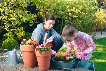 Mother and daughter planting flowers in pots in the garden - concept of working together, spending...