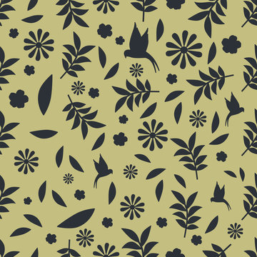 Seamless pattern black silhouettes of flowers, leaves and birds oriental style