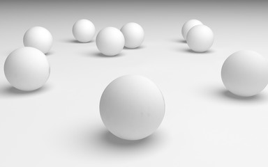 White abstract background. Set of white balls isolated on white backdrop. 3D illustration