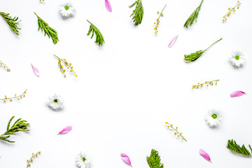 Herbal pattern with petals on white background top view mock up