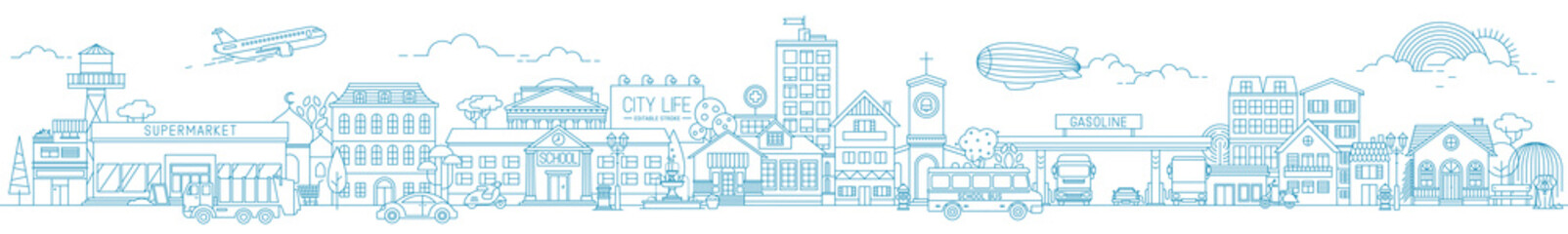 Monochrome horizontal urban landscape with city or town street or district. Cityscape with living houses and shops drawn with contour lines on white background. Vector illustration in lineart style - 350571963